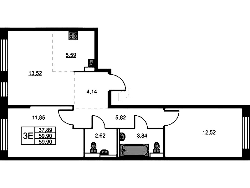 2-комнатная квартира 59.9 м², 9/24 эт., ЖК «Живи! В Рыбацком»